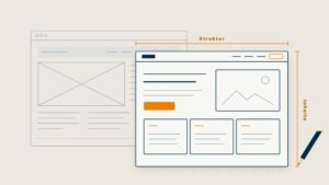 Skizze: neuer, klar gegliederter Seitenplan über einer veralteten Website