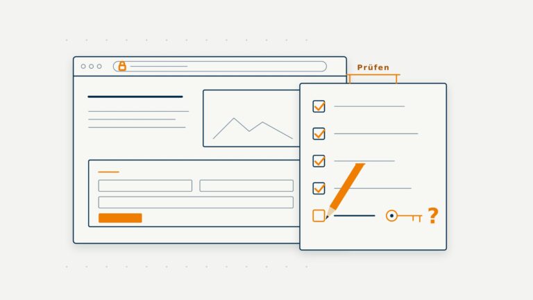 Skizze: Eine Website mit Schloss in der Adresszeile, davor eine Prüfliste mit fünf Punkten; der fünfte bekommt einen Schlüssel und ein Fragezeichen.