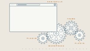 Skizze: Zahnräder für WordPress, Theme und Plugins treiben eine Website an, die täglich kontrolliert wird.