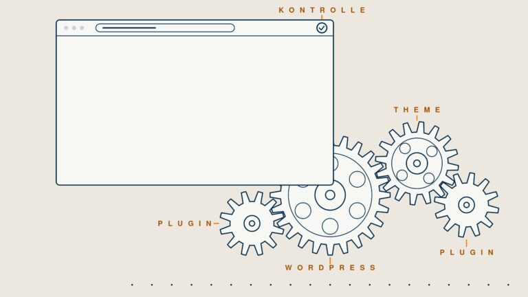 Skizze: Zahnräder für WordPress, Theme und Plugins treiben eine Website an, die täglich kontrolliert wird.